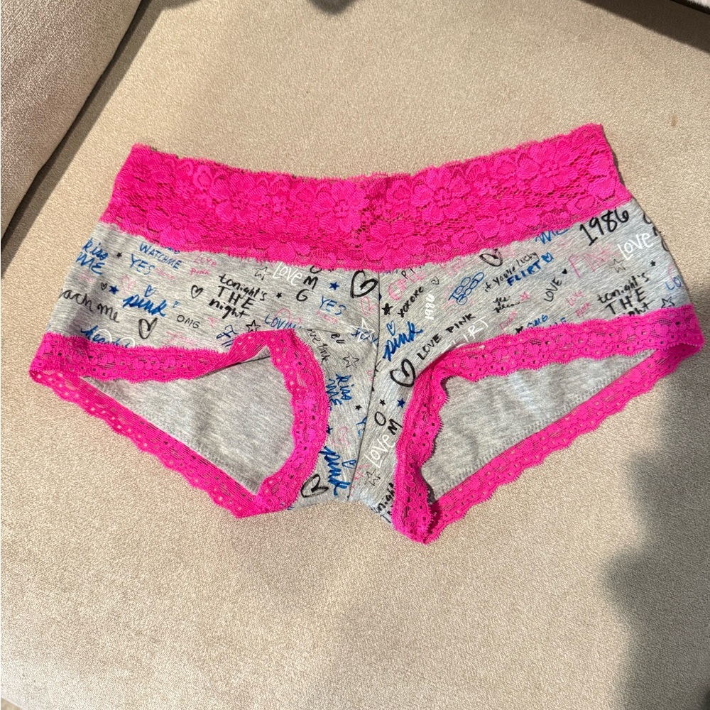 PINK Victoria's Secret Hot Pink and Gray Lace Boyshorts